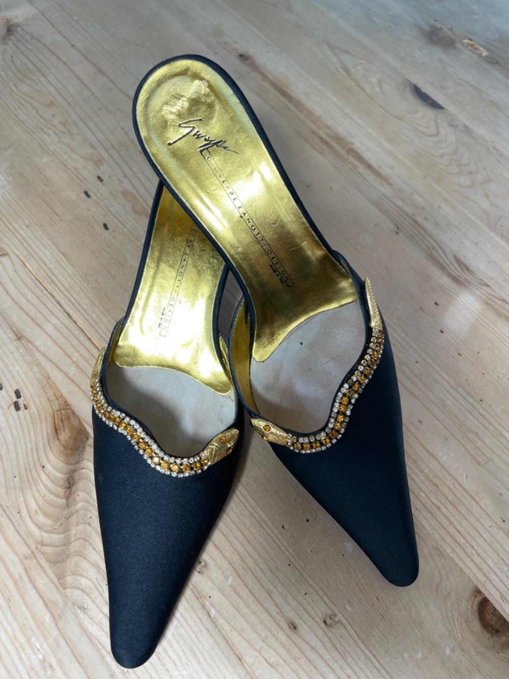 Vicini Era Giuseppe Zanotti Black Satin Pointed Mules w Gold Snake Crystal Trim